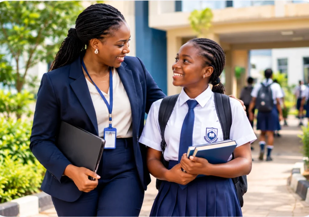 A proud Nigerian mother in a tailored navy suit standing with her smiling daughter in a crisp secondary school uniform on a sunlit Lagos terrace
