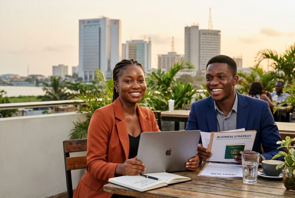 Two ambitious young Nigerian entrepreneurs reviewing business strategy documents and laptop on a sunlit Lagos terrace