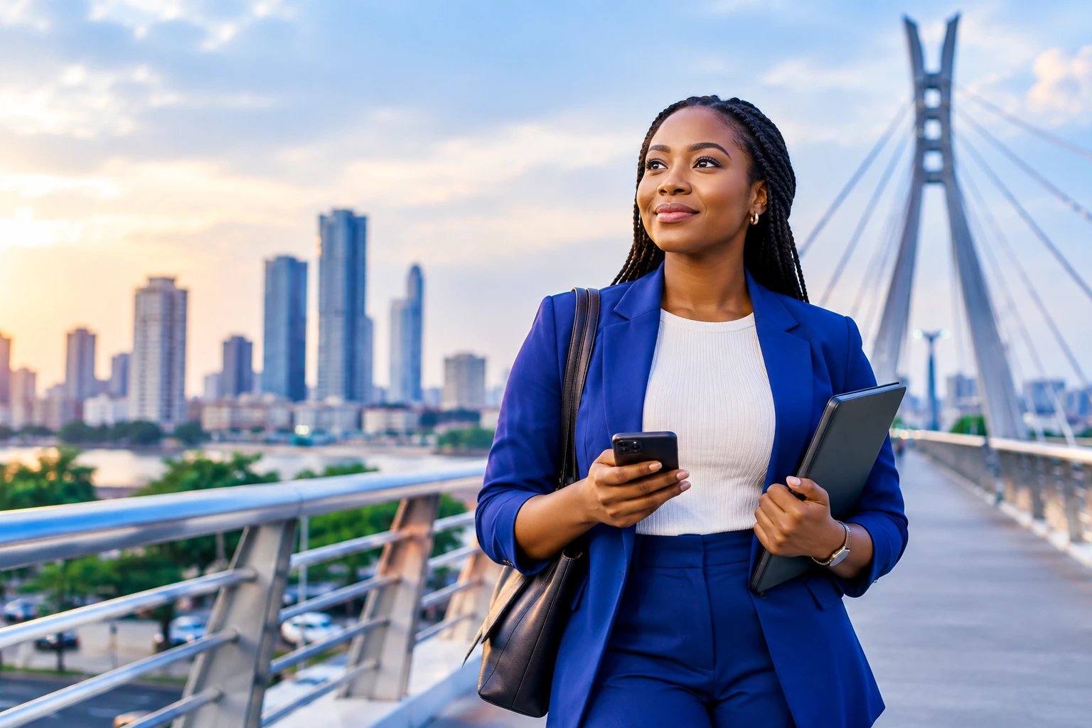 A Nigerian professional in a blue suit crossing a bridge, the Lagos skyline behind her