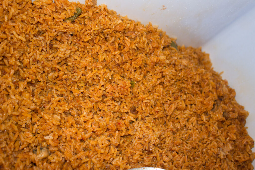 A close-up of freshly cooked jollof rice