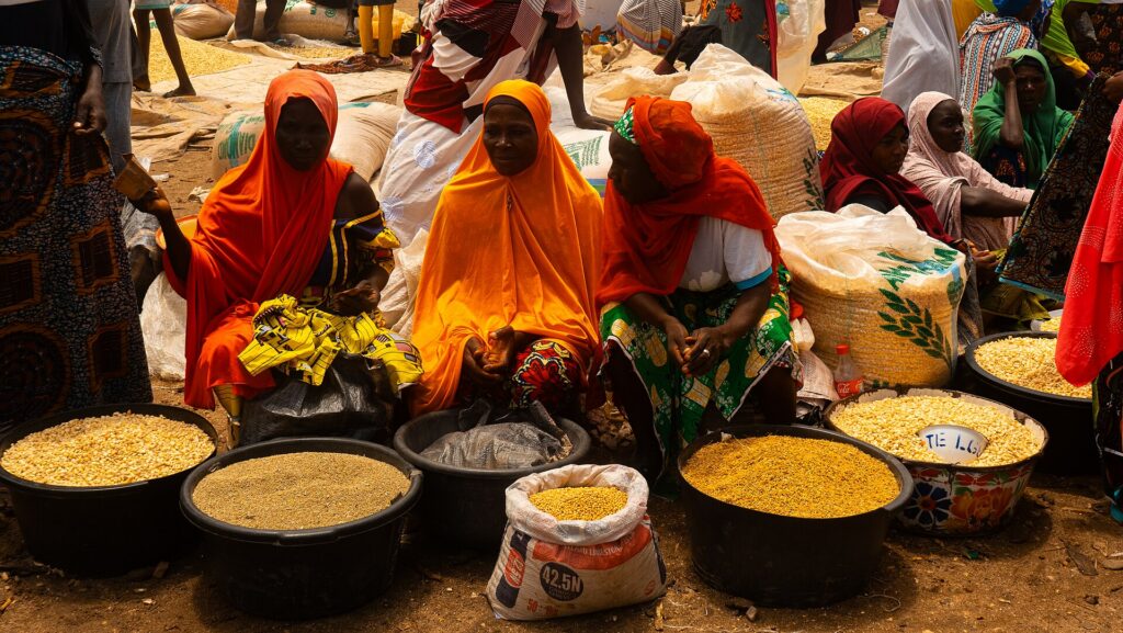 Nigerian women trading grain at a busy open-air market