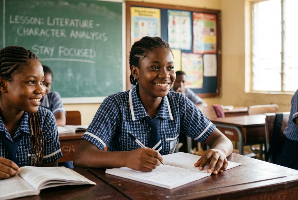 A smiling Nigerian secondary school student in uniform writing in her notebook during class in a sunlit classroom