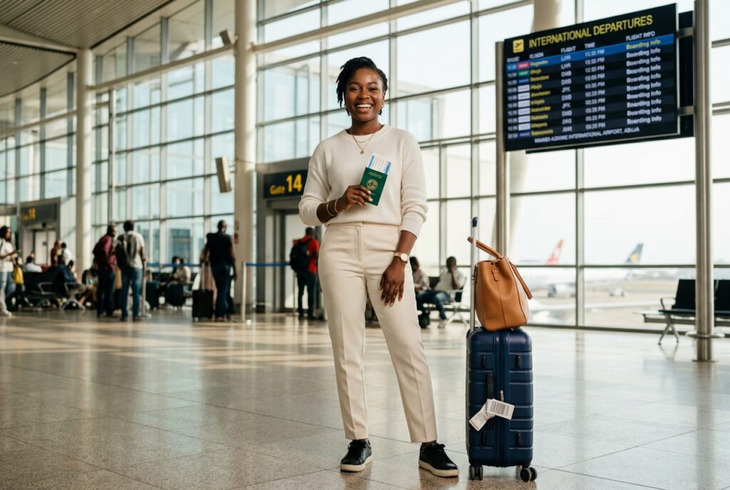 A confident young Nigerian woman in smart travel attire with suitcase and passport in an international departure hall
