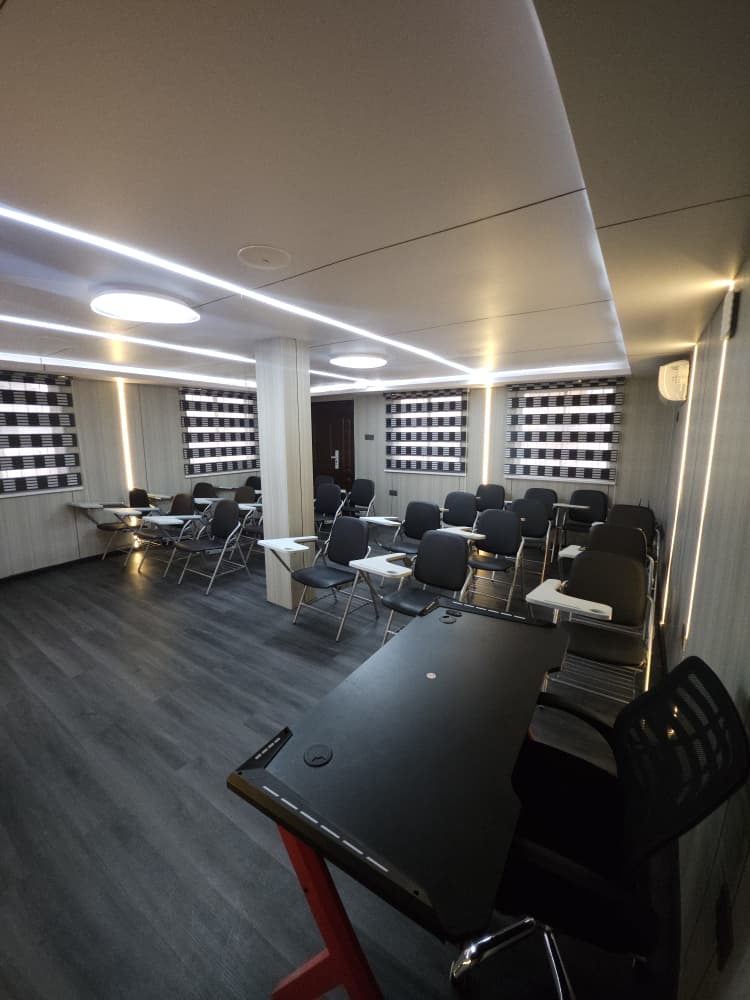The training room from the front, with its lighting